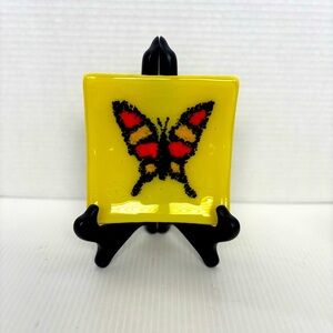 Butterfly  Square Curled Edge Fused Art Glass Dish Trinket Coin Tray Signed